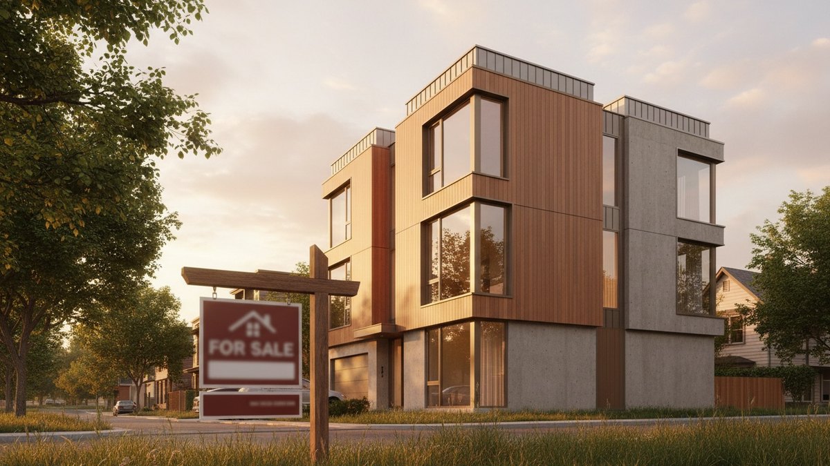 Immeuble résidentiel moderne avec panneau à vendre, symbole d'investissement immobilier