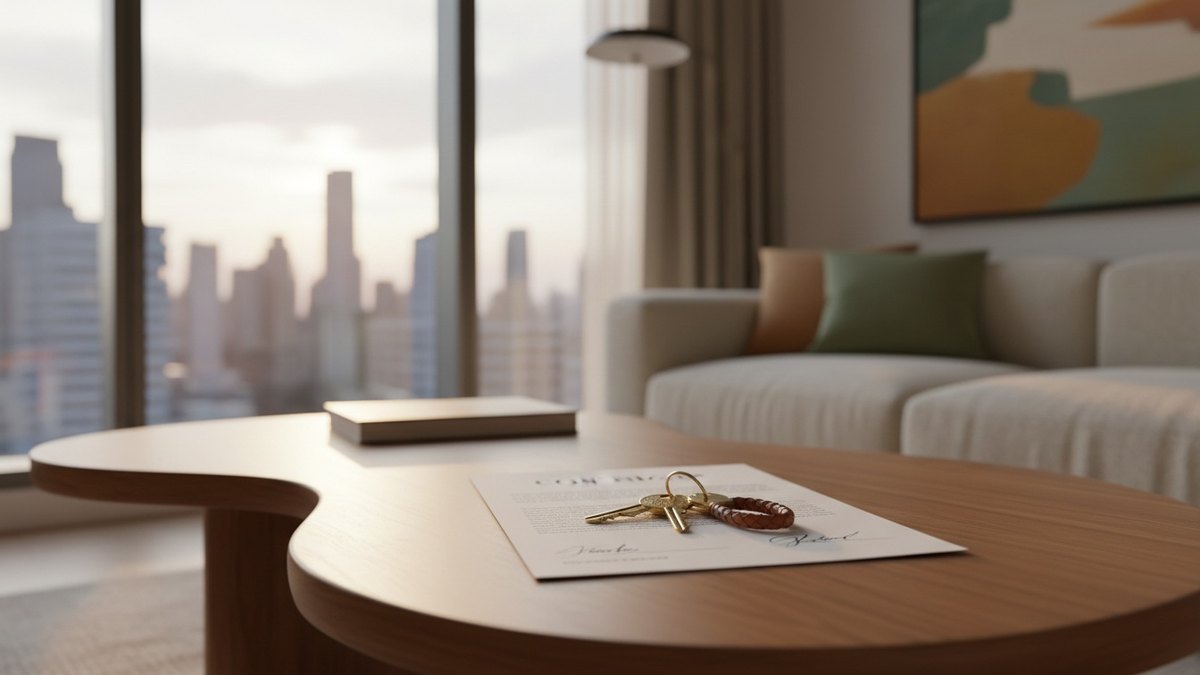 Immeuble d'habitation moderne et contrat de vente avec des clés posées sur une table