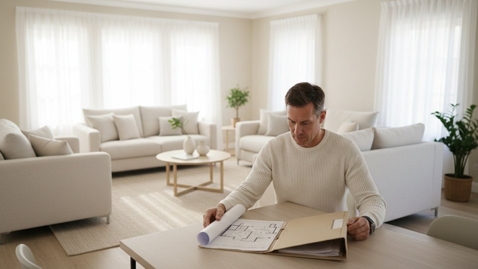 Homme assis à une table en bois qui relit un dossier d'achat immobilier dans une pièce lumineuse