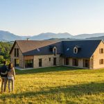 Couple avec chien regardant une maison spacieuse en pierre et bois, entourée de champs verts, avec montagnes au loin, Isère.