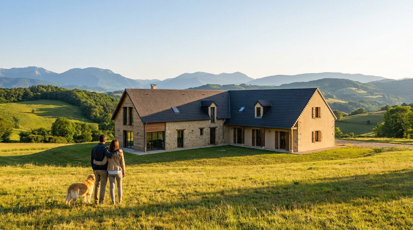 Couple avec chien regardant une maison spacieuse en pierre et bois, entourée de champs verts, avec montagnes au loin, Isère.